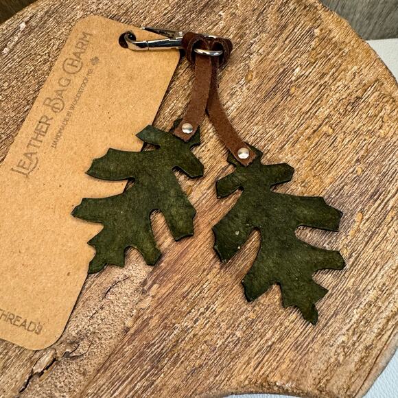 Leather Autumn Fall Purse Charm Oak Leaf Bag Charm Genuine Leather Keychain - Picture 6 of 8